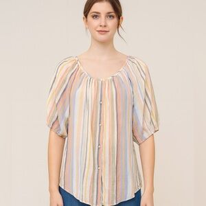 Como Vintage Striped Button Down Top Blouse Pastel Colors‎ Short Sleeve S